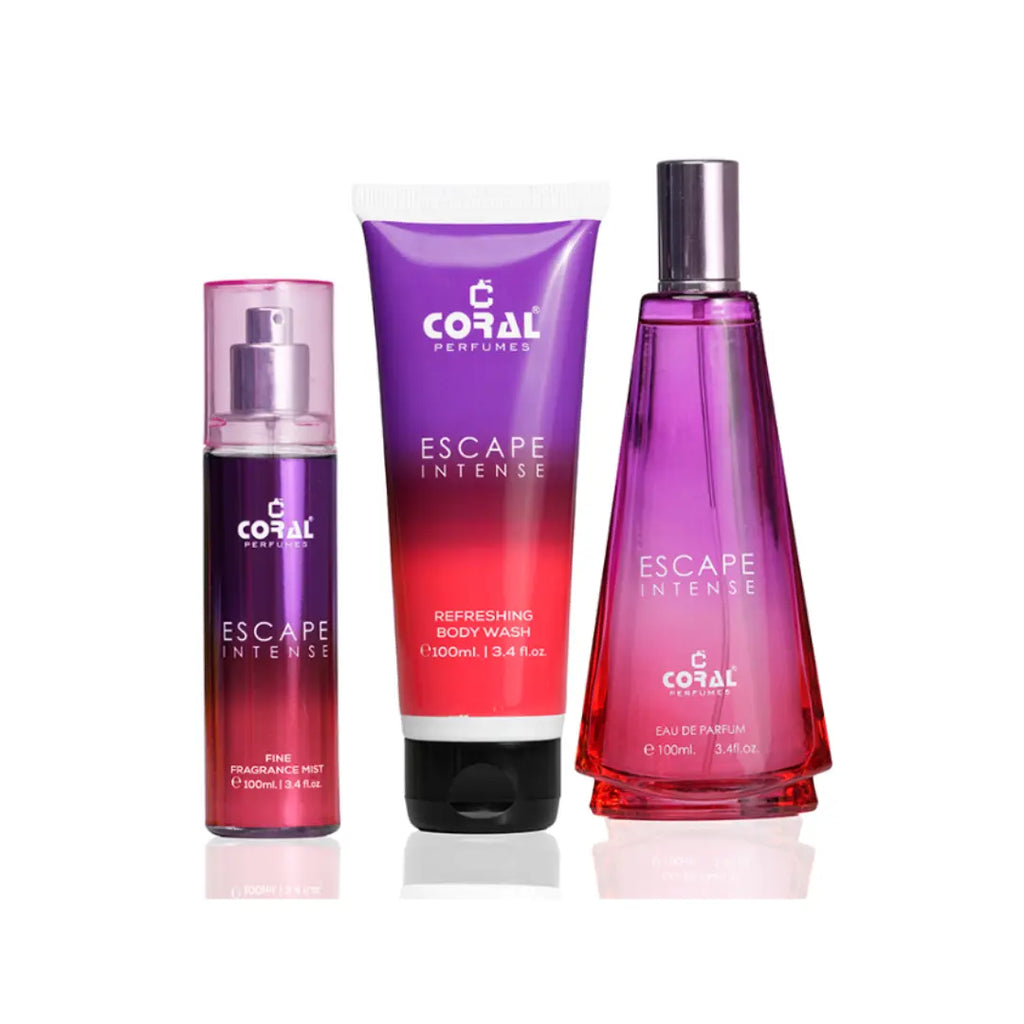 Coral Escape Intense Gift Set For Women – 100 ml EDP + 100 ml Fragrance Mist + 100 ml Body Wash