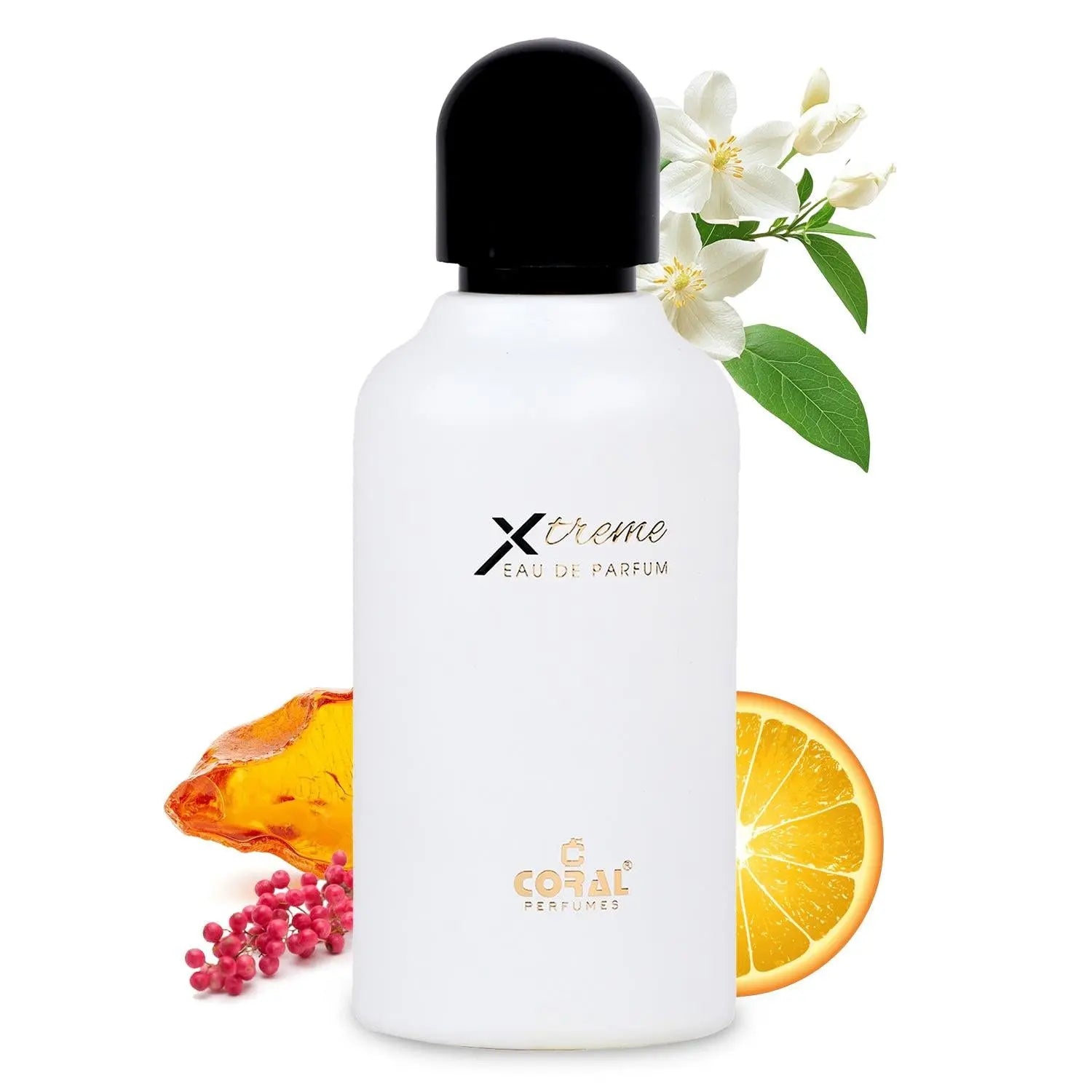 Bin Kamal Coral Xtreme for Women EDP 100ml bottle with notes displayed, showcasing elegant perfume packaging and design.