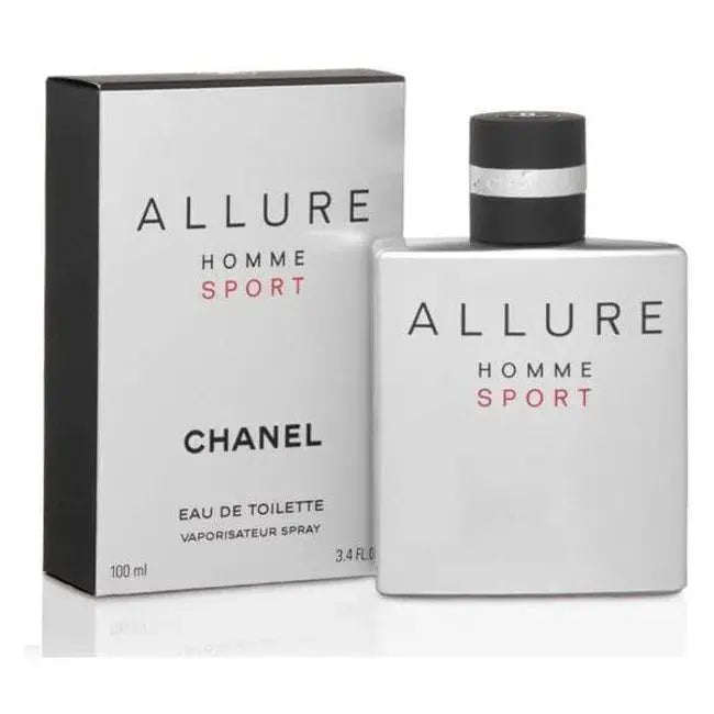 Chanel Allure Sport for Men Eau de Toilette 100ml bottle, sleek design with the fragrance visible, on a neutral background.