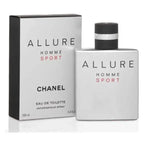 Chanel Allure Sport for Men Eau de Toilette 100ml bottle, sleek design with the fragrance visible, on a neutral background.
