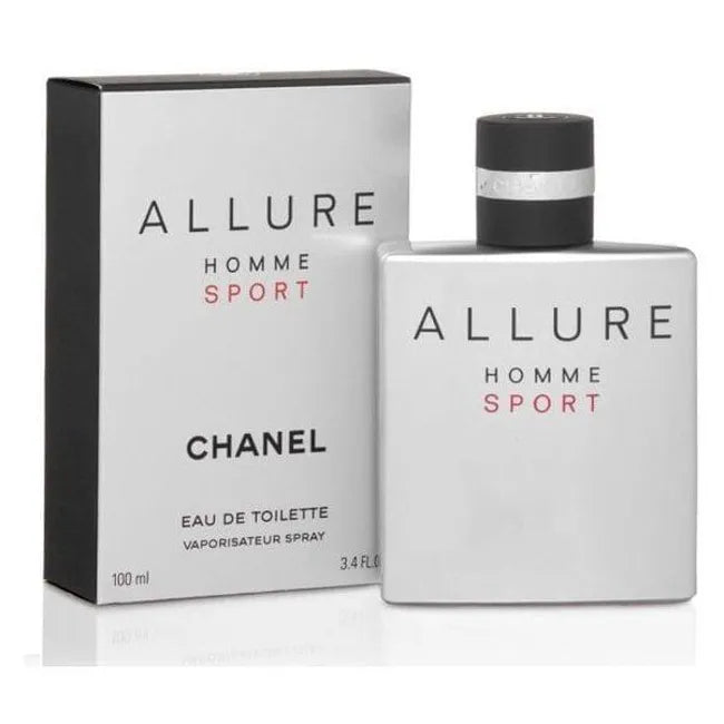 Chanel Allure Sport for Men Eau de Toilette 100ml bottle, sleek design with the fragrance visible, on a neutral background.