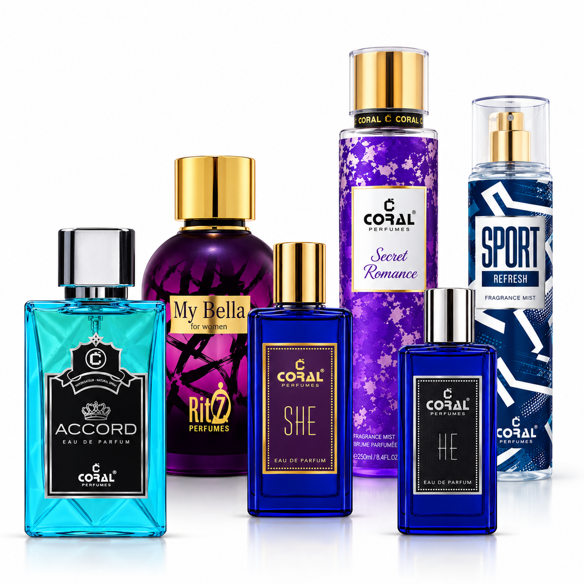 Coral Accord, My Bella, She, Secret Romance, Sport Refresh and He Perfume Combo