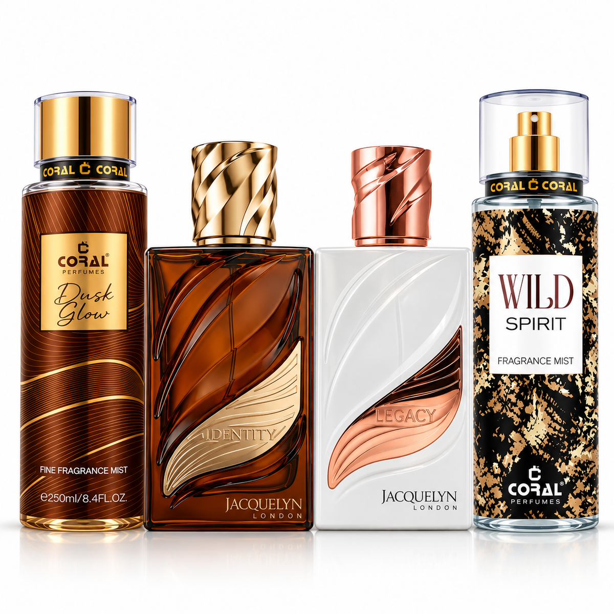 Coral Dusk Glow, Wild Spirit, Identity and Legacy Perfume Combo for Men and Women