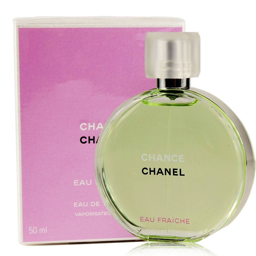 Chanel Chance Eau Fraiche Eau de Toilette 50ml bottle with clear glass and pink cap, feminine fragrance for women.