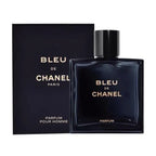Chanel Bleu Pour Homme perfume bottle, 100ml, with sleek design and navy blue accents, displayed on a neutral background.