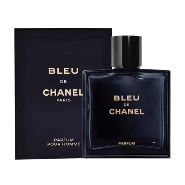 Chanel Bleu Pour Homme perfume bottle, 100ml, with sleek design and navy blue accents, displayed on a neutral background.