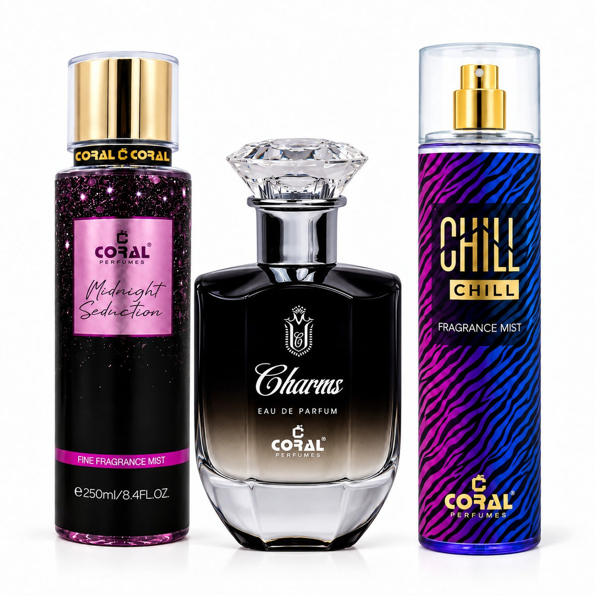 Coral Charms, Midnight Seduction & Chill Chill – 3 Piece Fragrance Combo | Unisex