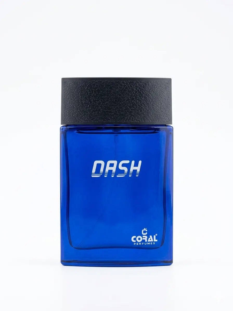 Front view of Bin Kamal Perfumes Dash For Men Eau De Parfum 100ml bottle with a coral-colored design and clear glass.