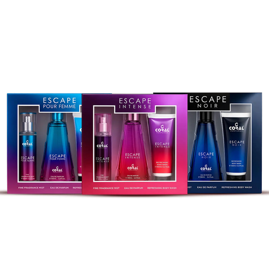 Coral Escape Intense, Escape Noir & Escape Pour Femme EDP Gift Set – Luxury Fragrance Collection for Men & Women