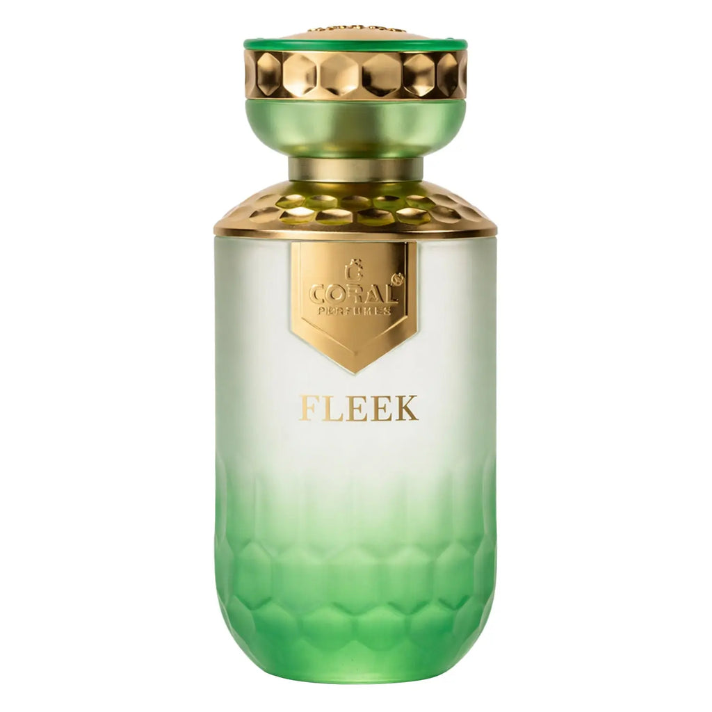 Bin Kamal Coral Fleek women’s 100ml parfum bottle with sleek coral-colored glass and elegant design.