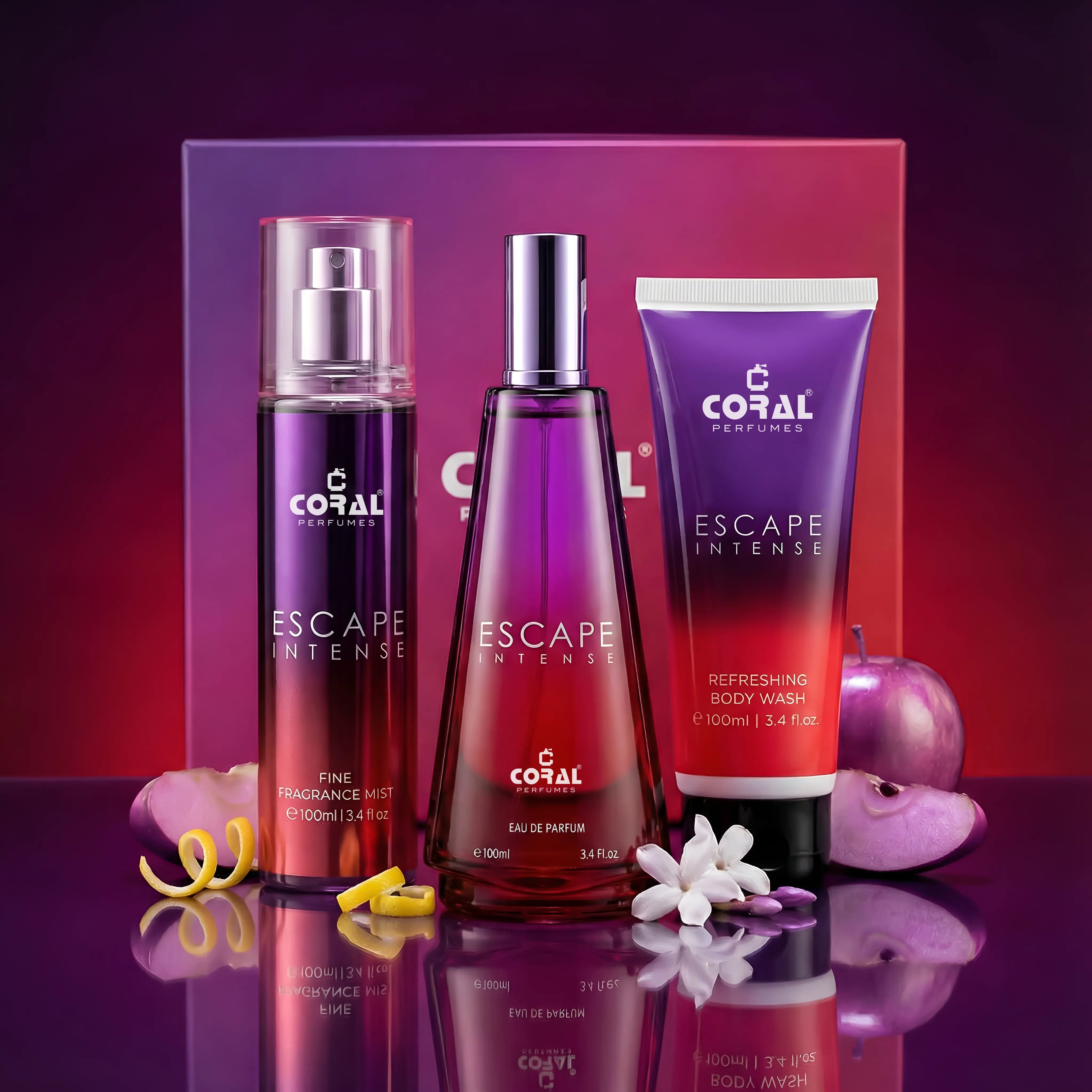 Coral Escape Intense Gift Set For Women – 100 ml EDP + 100 ml Fragrance Mist + 100 ml Body Wash