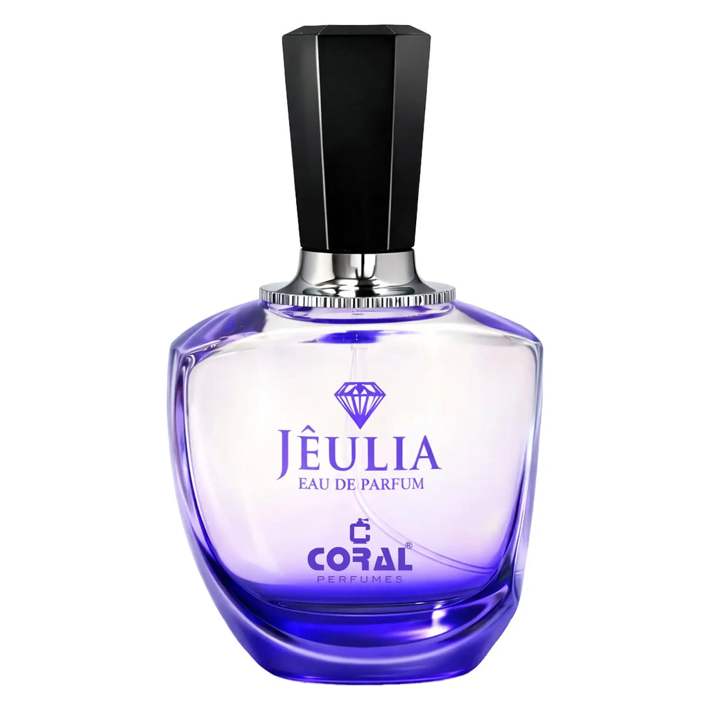Coral Jeulia EDP perfume bottle, 100ml, with elegant design, by Bin Kamal Perfumes, displayed on a neutral background.