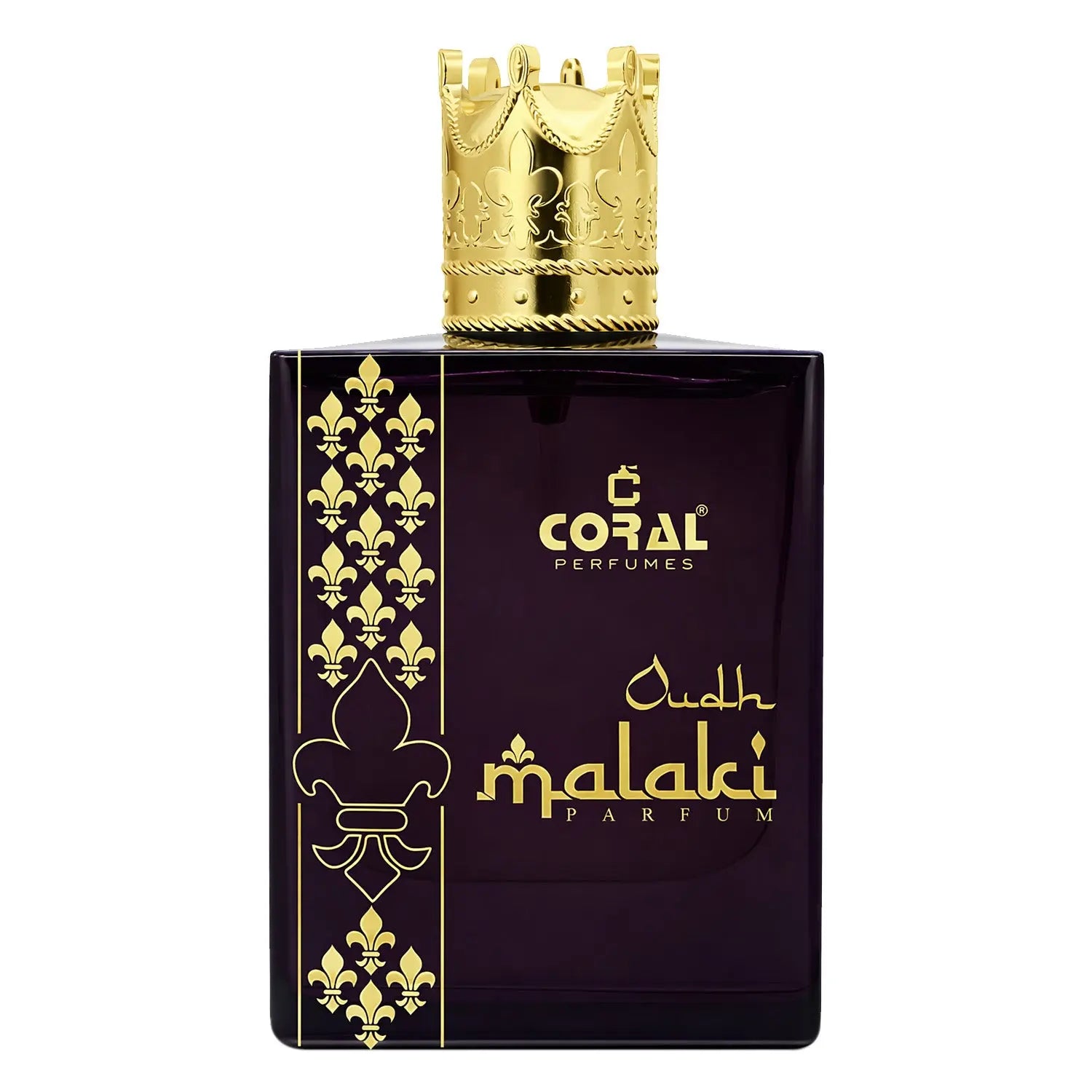 Unisex Coral Oudh Malaki perfume bottle by Bin Kamal Perfumes, 100ml, with elegant packaging and luxurious fragrance presentation.