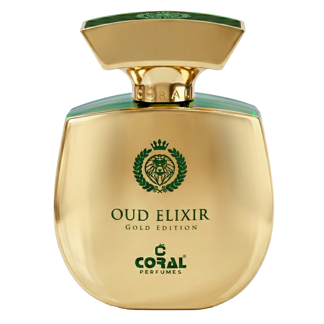 Bin Kamal Coral Oud Elixir Gold Edition unisex parfum bottle, 100ml, featuring luxurious oud and floral accents in a gold packaging.