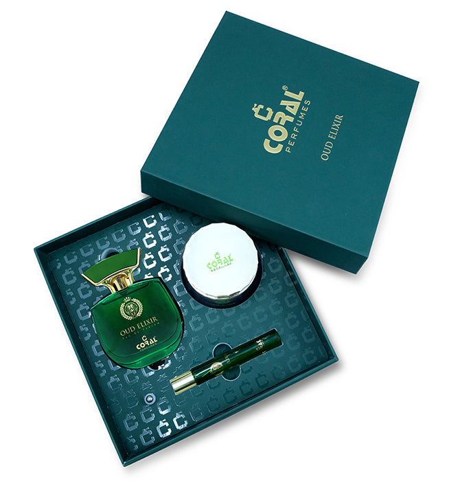 Coral Oud Elixir Gift Set For Unisex (EDP 100ml + BUKHOOR 70 GM + 10ml OIL SET)