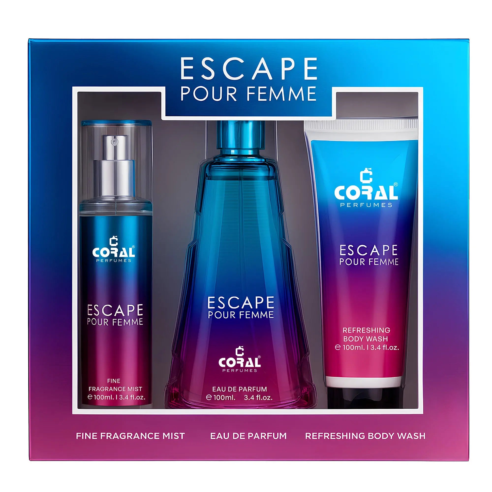 Coral Escape Pour Femme Gift Set for Women – 100 ml EDP + 100 ml Fragrance Mist + 100 ml Body Wash