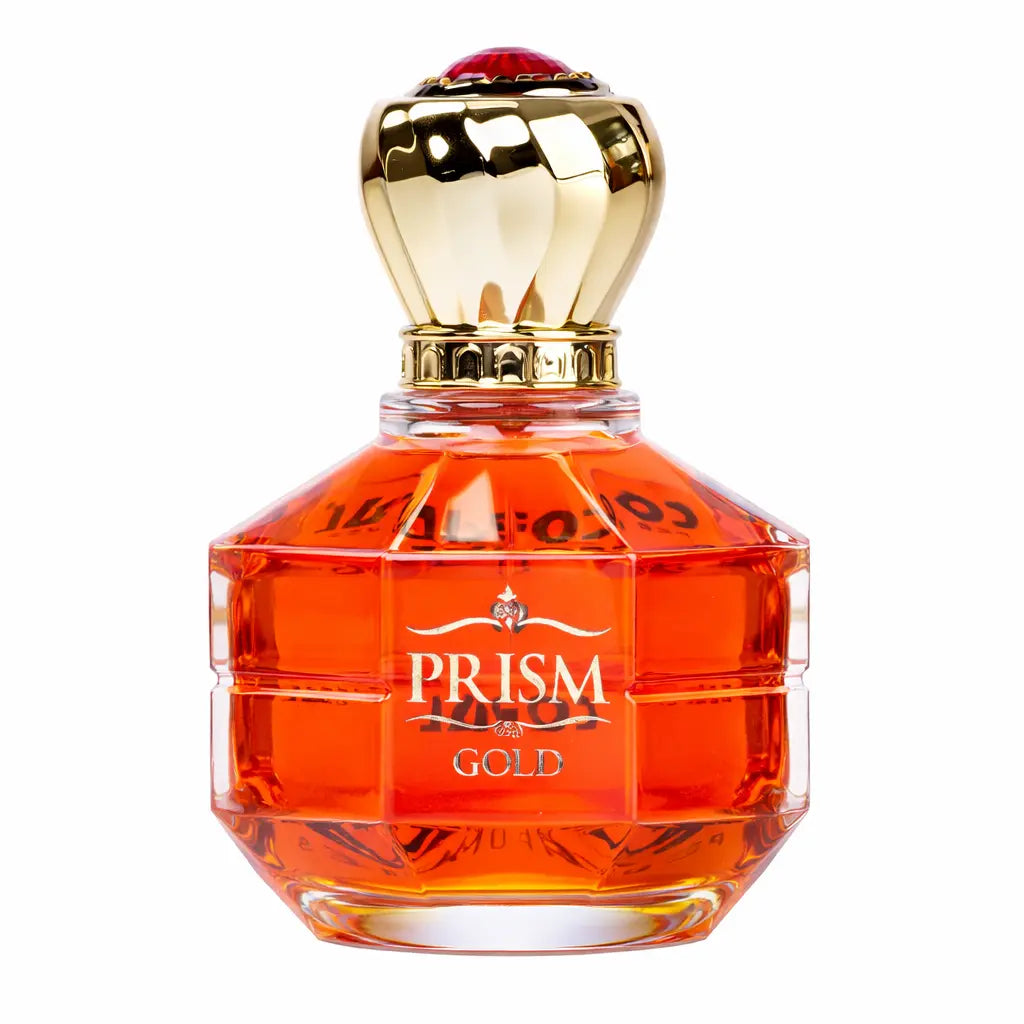 Coral Prism Gold for Women EDP 100ml by Bin Kamal Perfumes, featuring a sleek gold perfume bottle with a coral-colored cap.