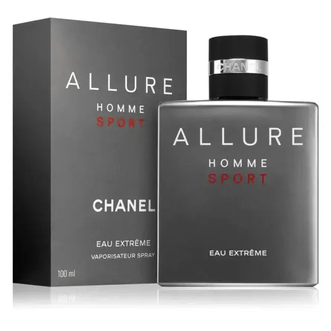 Chanel Allure Sport Eau Extreme for Men Eau de Parfum 100ml bottle with sleek design and black cap, displayed on a neutral background.