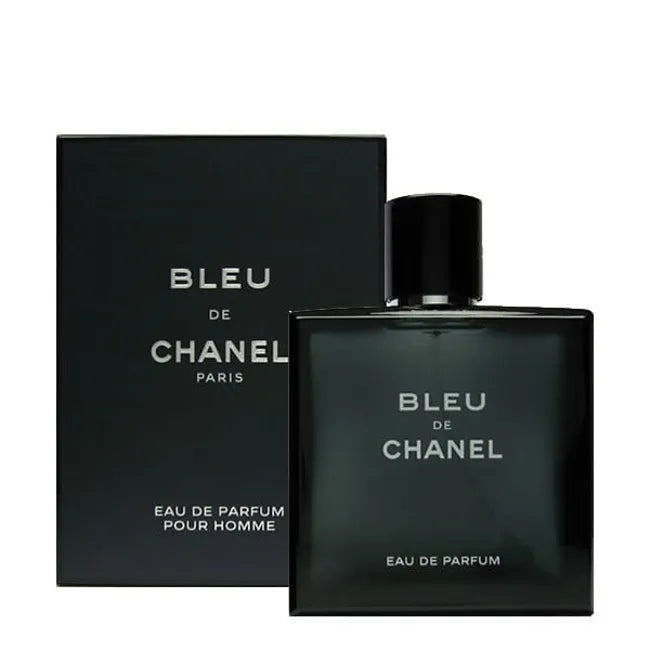 Chanel Bleu for Men Eau De Parfum 100ml bottle with sleek design and blue accents, displayed on a neutral background.