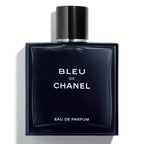 Chanel Bleu for Men Eau de Parfum 150ml bottle, sleek glass container with blue liquid, displayed on a neutral background.