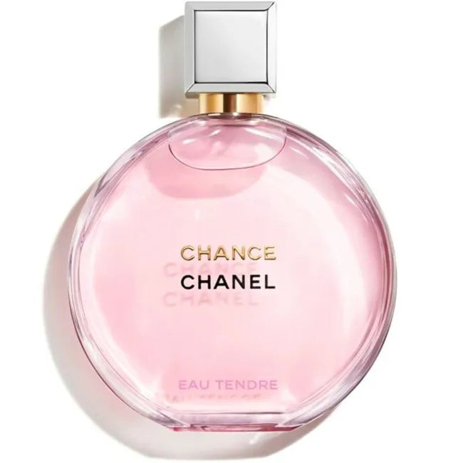 Chanel Chance Eau Tendre women’s Eau de Parfum 100ml bottle with a soft pink cap and elegant glass design.
