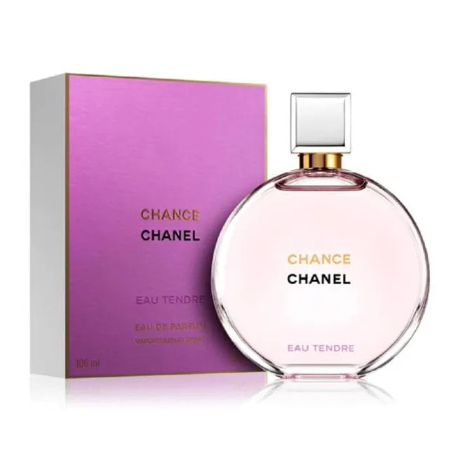 Chanel Chance Eau Tendre women’s Eau de Parfum 100ml bottle with pink and gold packaging, floral and fruity fragrance.