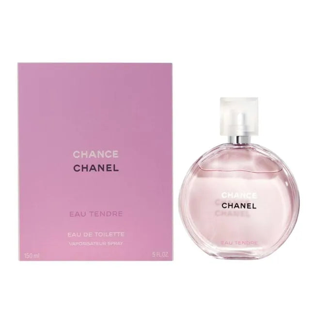 Chanel Chance Eau Tendre for Women Eau De Toilette 150ml bottle, elegant fragrance with pink and gold accents, boxed presentation.