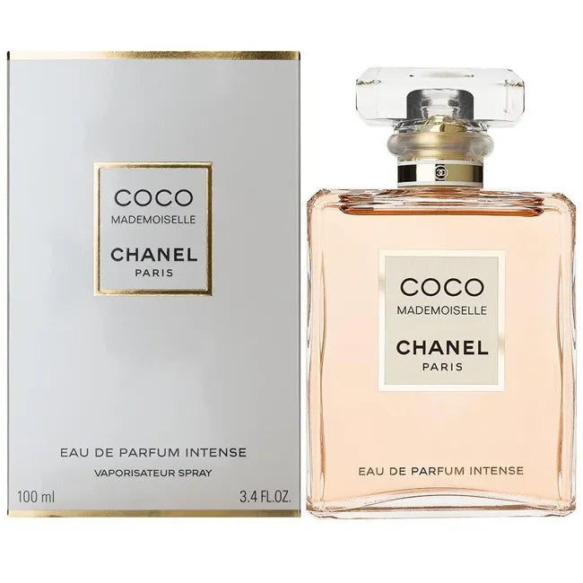 Chanel Coco Mademoiselle Intense Eau de Parfum for women in a 100ml bottle, with elegant floral and citrus fragrance details.