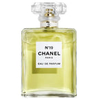 Chanel No.19 for Women Eau de Parfum 100ml bottle, elegant glass packaging with the classic Chanel logo and floral design.
