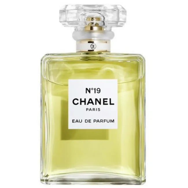 Chanel No.19 for Women Eau de Parfum 100ml bottle, elegant glass packaging with the classic Chanel logo and floral design.