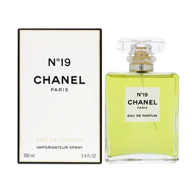 Chanel No.19 women’s eau de parfum bottle with elegant design, 100ml size, displayed on a neutral background.