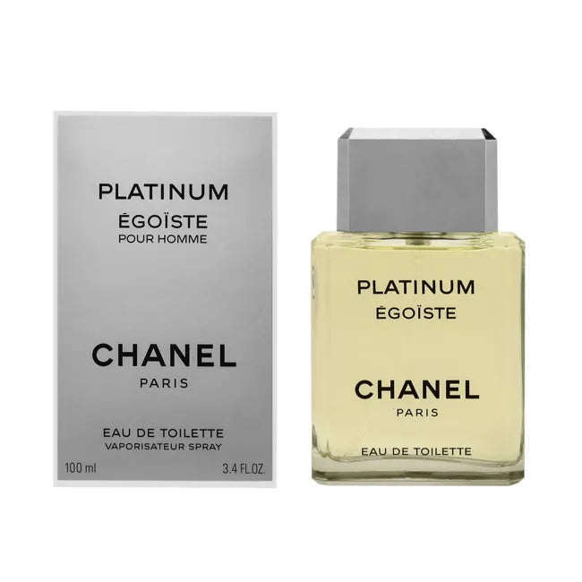 Chanel Platinum Egoiste For Men Eau De Toilette 100ml bottle with sleek silver packaging and minimalist design.