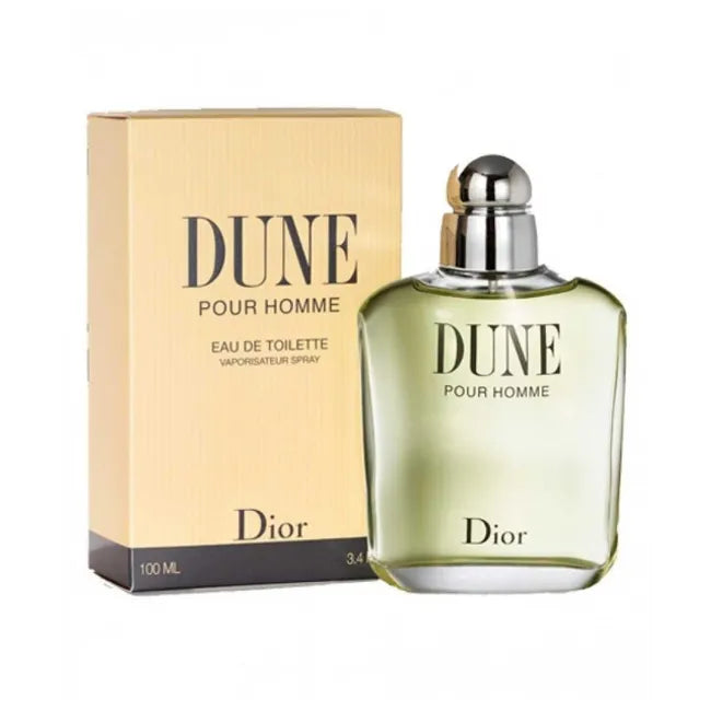 Dior Dune Homme Eau De Toilette 100ml bottle with sleek design, displayed on a neutral background, showcasing the fragrance.