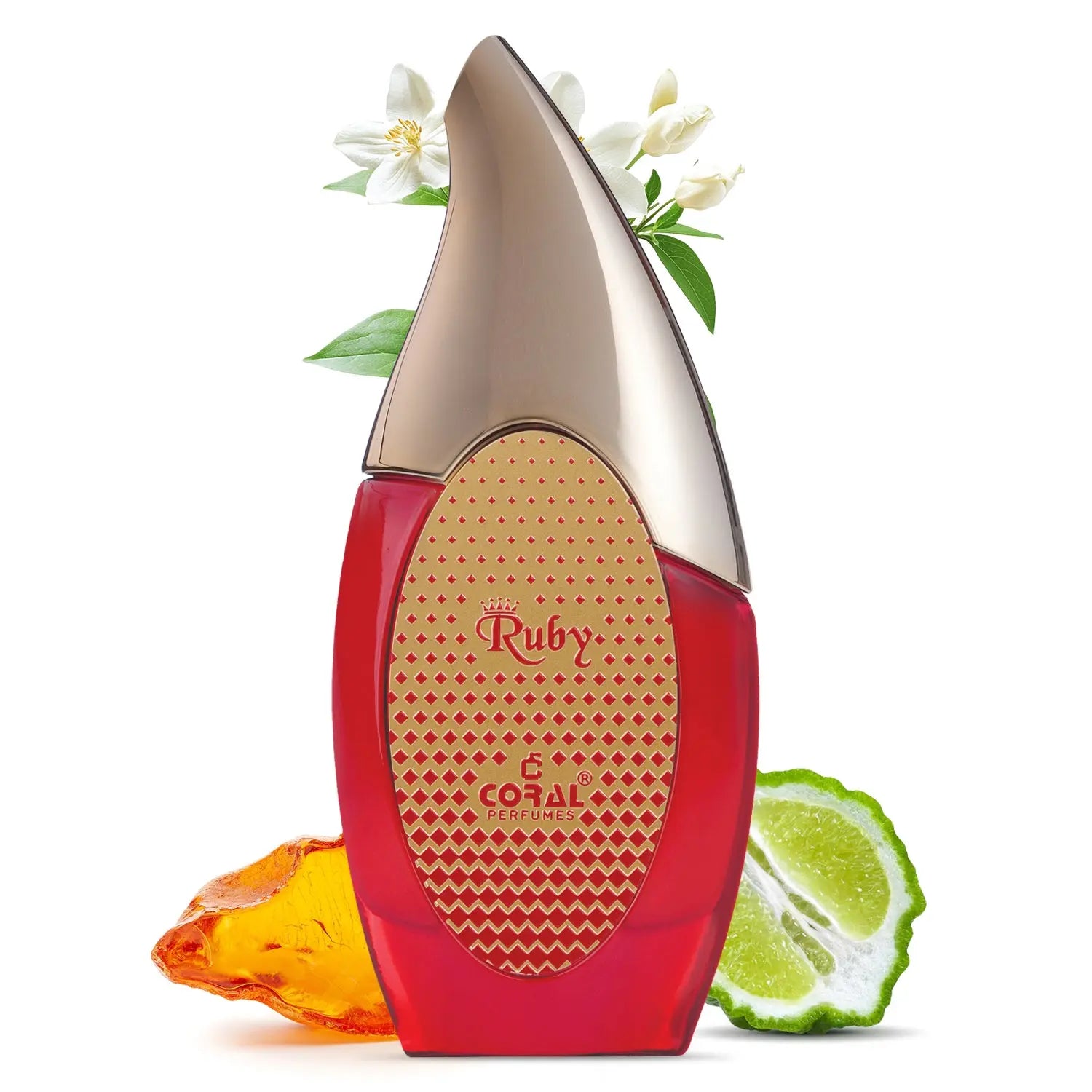 Coral Ruby women's perfume bottle by Bin Kamal Perfumes, showcasing the elegant 100ml EDP design with ruby accents.