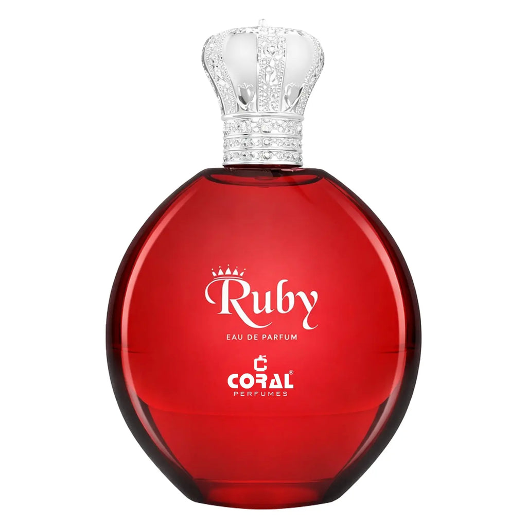 Coral Ruby women's Eau de Parfum by Bin Kamal Perfumes, 100ml bottle with a ruby-colored cap and elegant floral packaging.