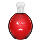 Coral Ruby women's Eau de Parfum by Bin Kamal Perfumes, 100ml bottle with a ruby-colored cap and elegant floral packaging.