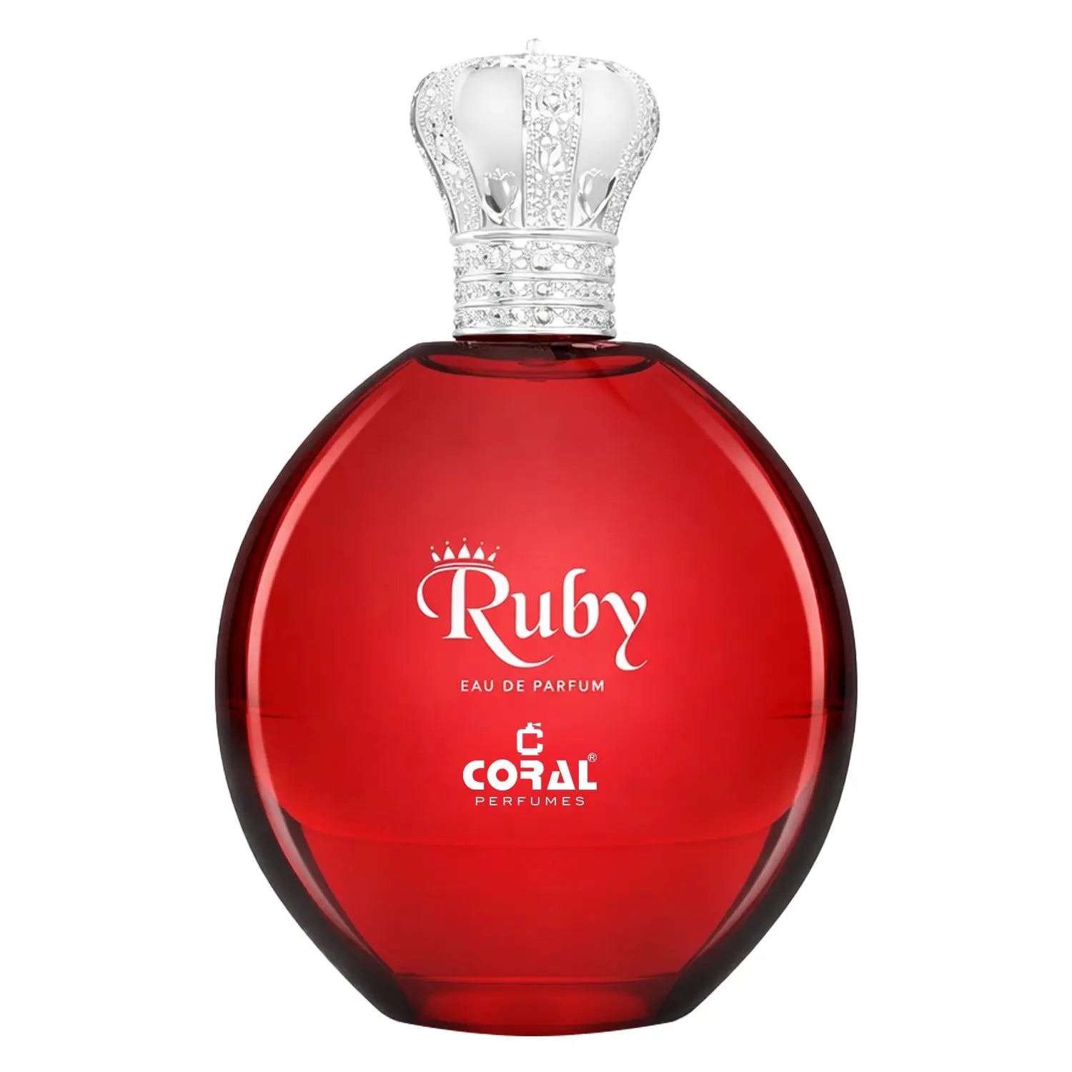 Coral Ruby women's Eau de Parfum by Bin Kamal Perfumes, 100ml bottle with a ruby-colored cap and elegant floral packaging.