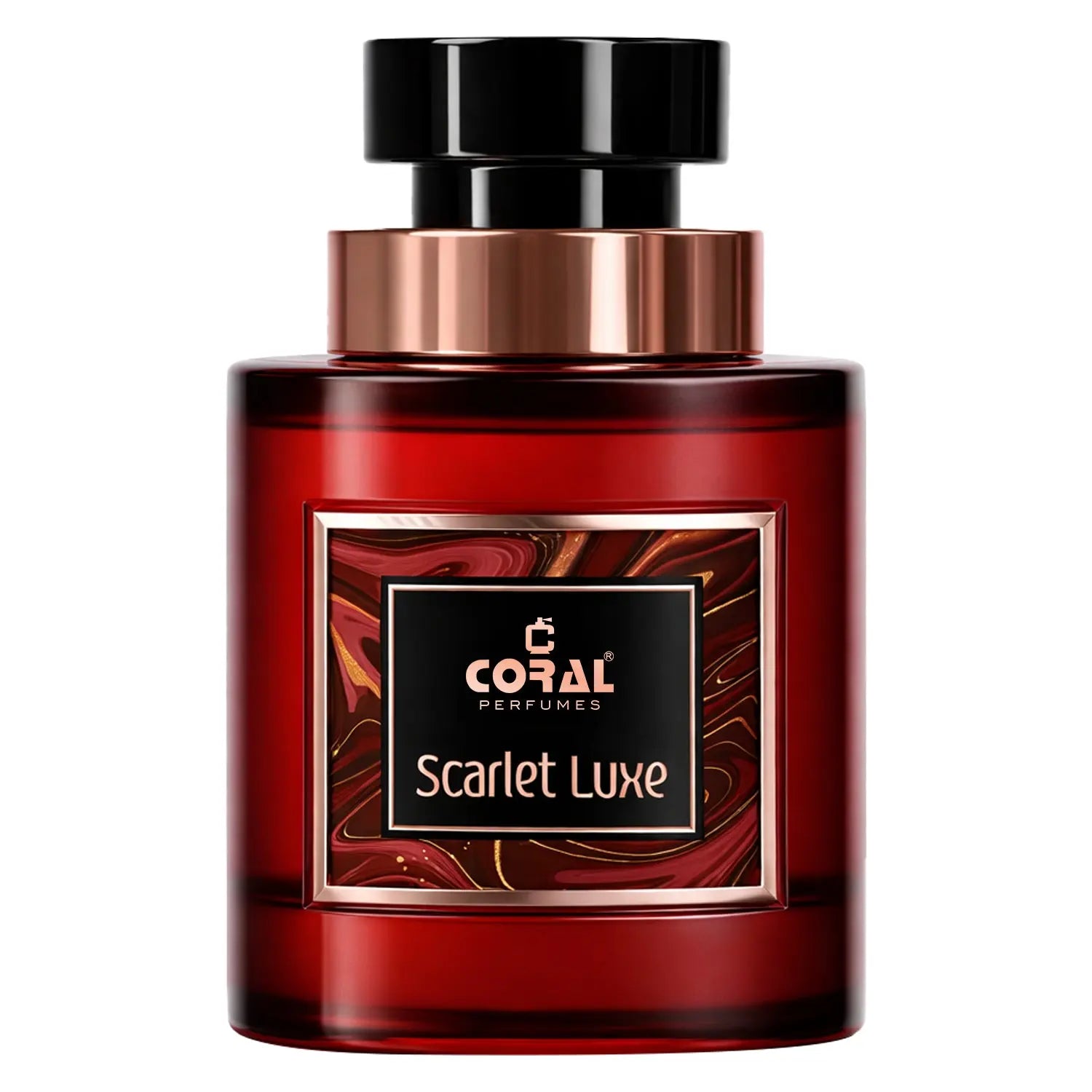 Bin Kamal Perfumes Coral Scarlet Luxe unisex 100ml perfume bottle with elegant coral and gold design.