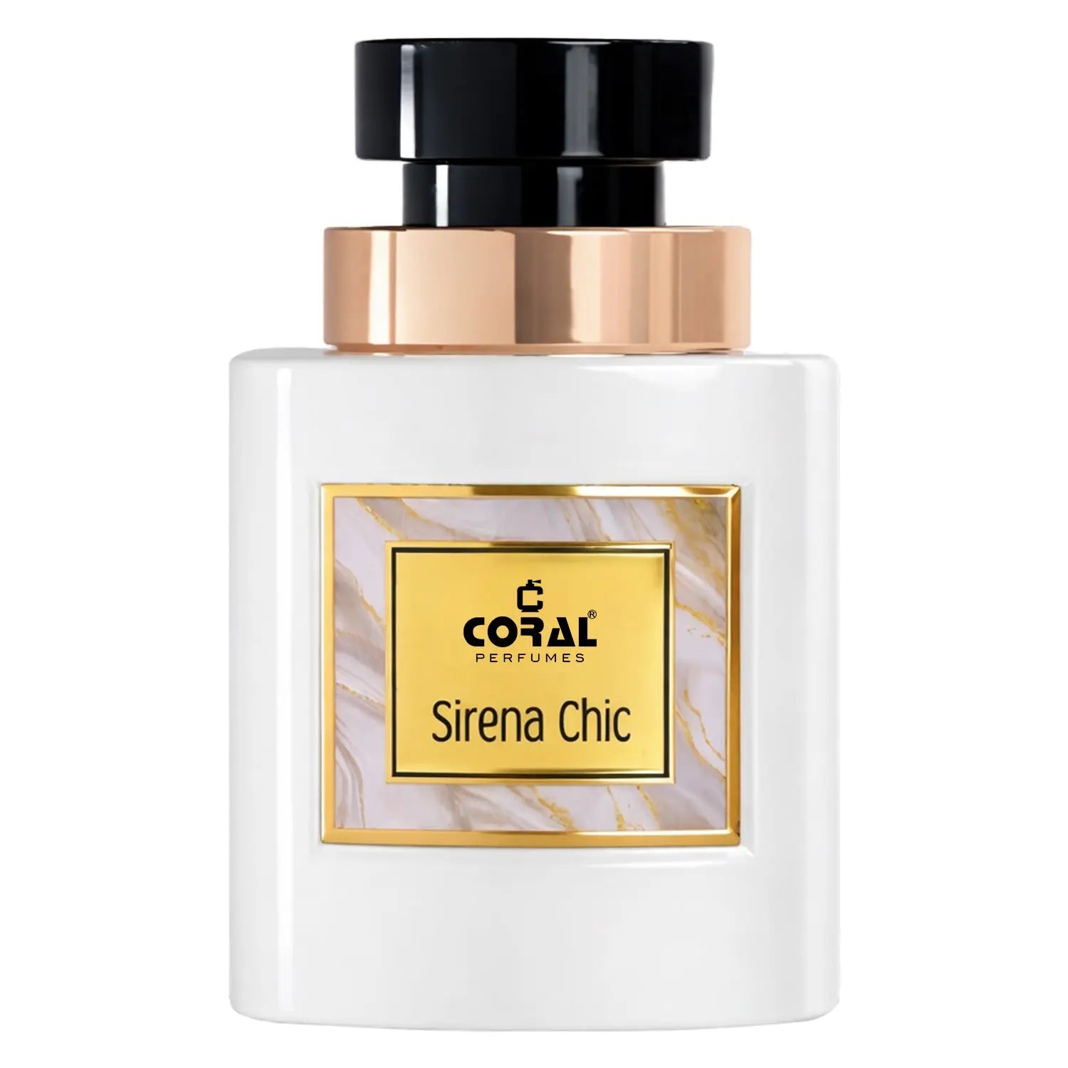 Coral Sirena Chic women’s EDP bottle by Bin Kamal Perfumes, 100ml, featuring a sleek, elegant perfume bottle with a coral-colored cap.