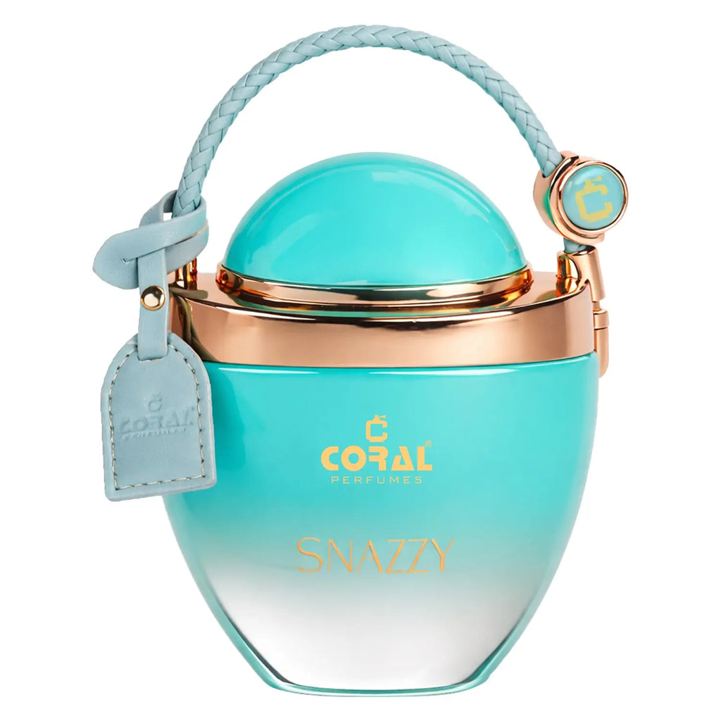 Coral Snazzy for Women Extrait De Parfum 80ml by Bin Kamal Perfumes, elegant glass bottle with floral and fruity fragrance accents.