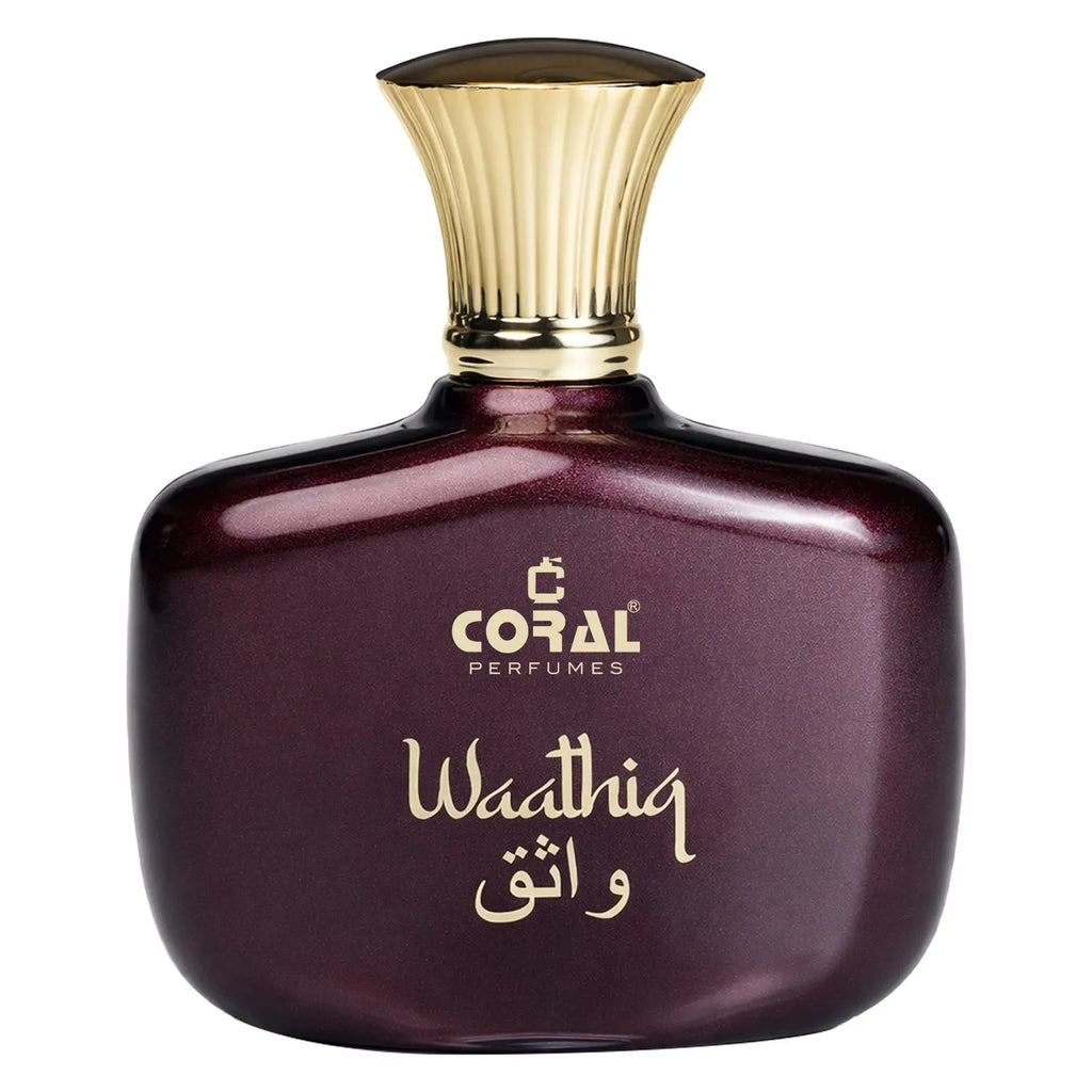 Coral Waathiq unisex 100ml perfume bottle by Bin Kamal Perfumes with a sleek, elegant design and coral-colored accents.