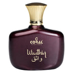 Coral Waathiq unisex 100ml perfume bottle by Bin Kamal Perfumes with a sleek, elegant design and coral-colored accents.