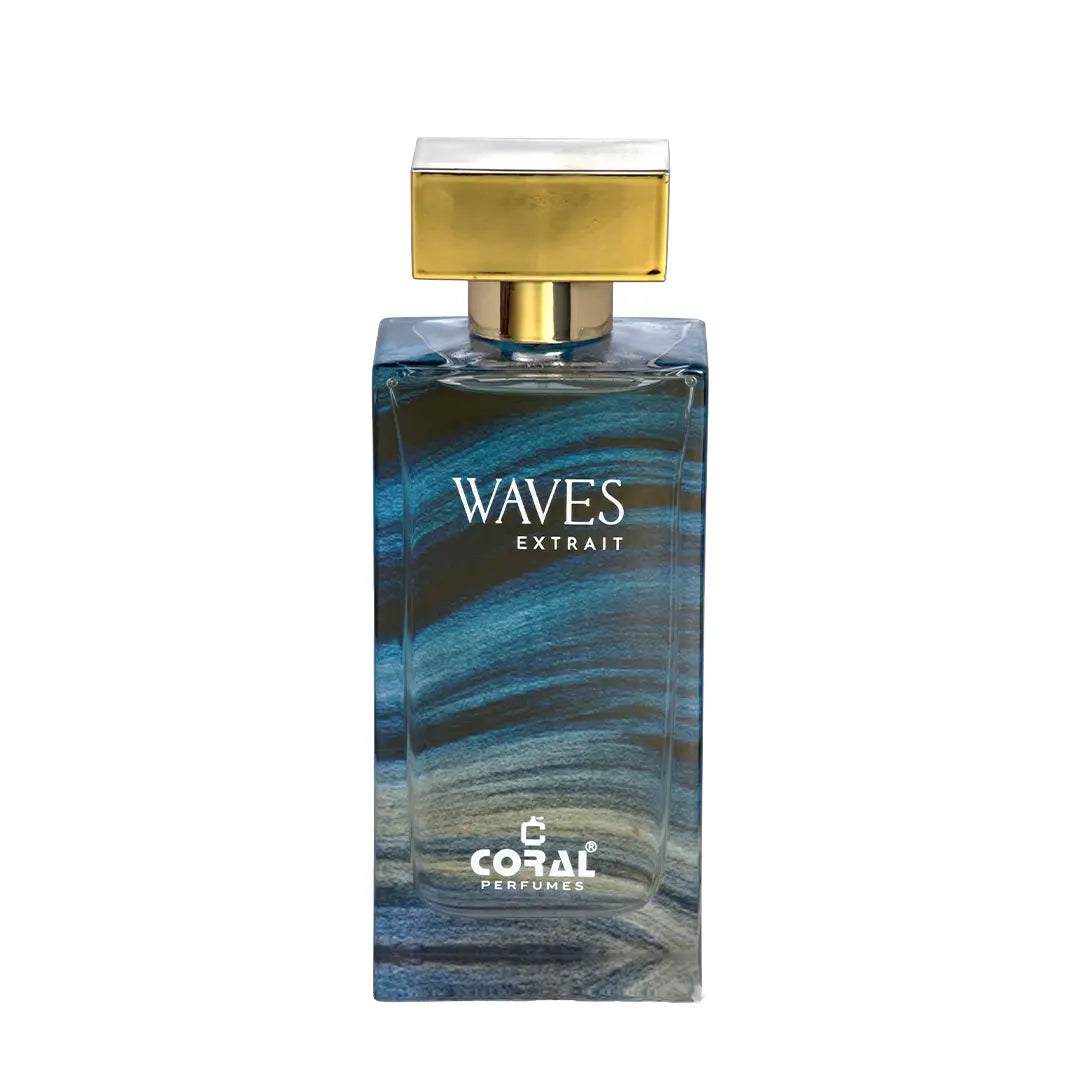 Close-up of the Coral Waves 2.0 Extrait de Parfum bottle by Bin Kamal Perfumes with a wave-inspired design.